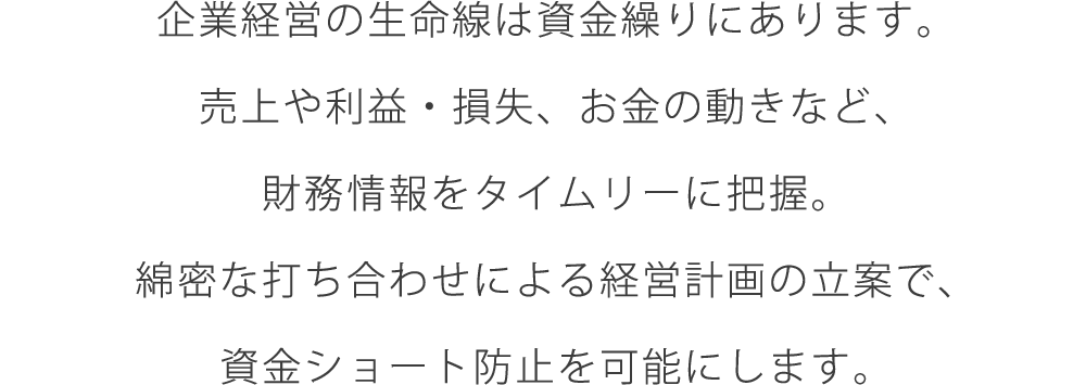 企業経営の生命線は資金繰りにあります。売上や利益・損失、お金の動きなど、財務情報をタイムリーに把握。綿密な打ち合わせによる経営計画の立案で、資金ショート防止を可能にします。