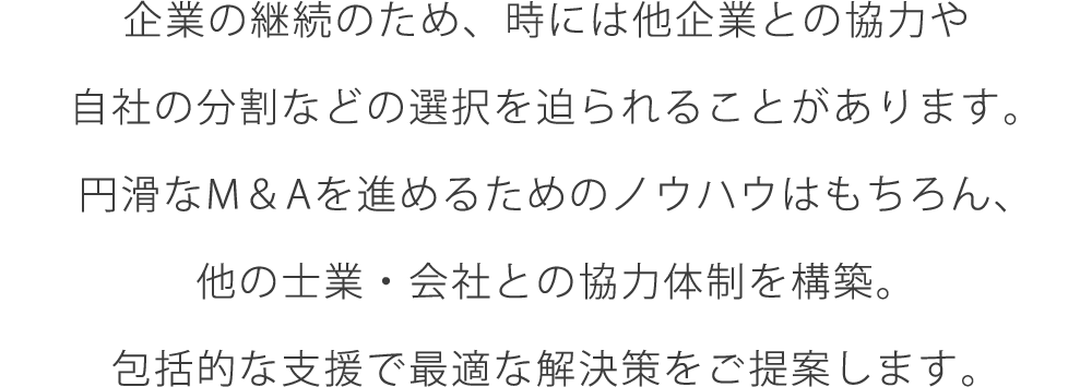 企業の継続のため、時には他企業との協力や自社の分割などの選択を迫られることがあります。円滑なM＆Aを進めるためのノウハウはもちろん、他の士業・会社との協力体制を構築。包括的な支援で最適な解決策をご提案します。